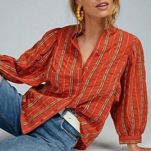 Anthropologie Tops - Anthropologie Pilcro The Bella Femme Top Button Front Orange Puff Sleeves XL